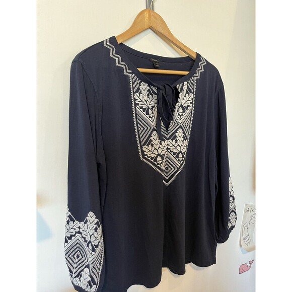J Crew Navy White Embroidered Puff Sleeve Boho Peasant Blouse Size Medium - Picture 3 of 9